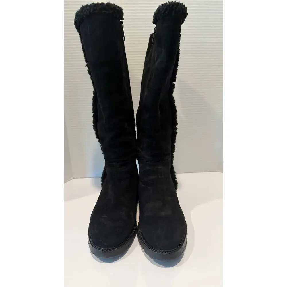Aquatalia Cheyenne Black Lug Sole Suede Shearling Fur Lined‎ Boots Italy Sz 7M
